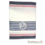 kökshandduk handduk vad jaquard jaquardväv mönster mönstrad vävd tross rep ankare marin stil maritim design röd blå vit kök linn