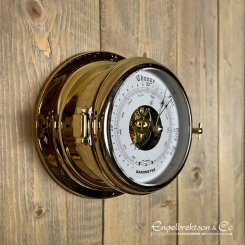 barometer mässing klassisk mekaniskt verk lucka öppningsbar millibar inches väder