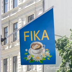 fika cafe restaurang flag flagga burik butiksflagga pvc fika fikaflagga cafe cafeflagga välkommen in skyltning restaurang blågul