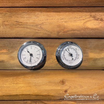 klocka barometer set kit paket paketpris komplett marin maritim urverk mätinstruments polerad blank krom chrome 12cm