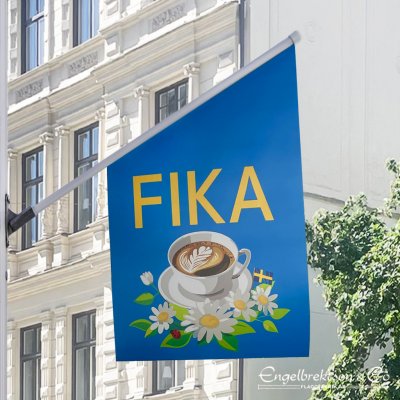 fika cafe restaurang flag flagga burik butiksflagga pvc fika fikaflagga cafe cafeflagga välkommen in skyltning restaurang blågul